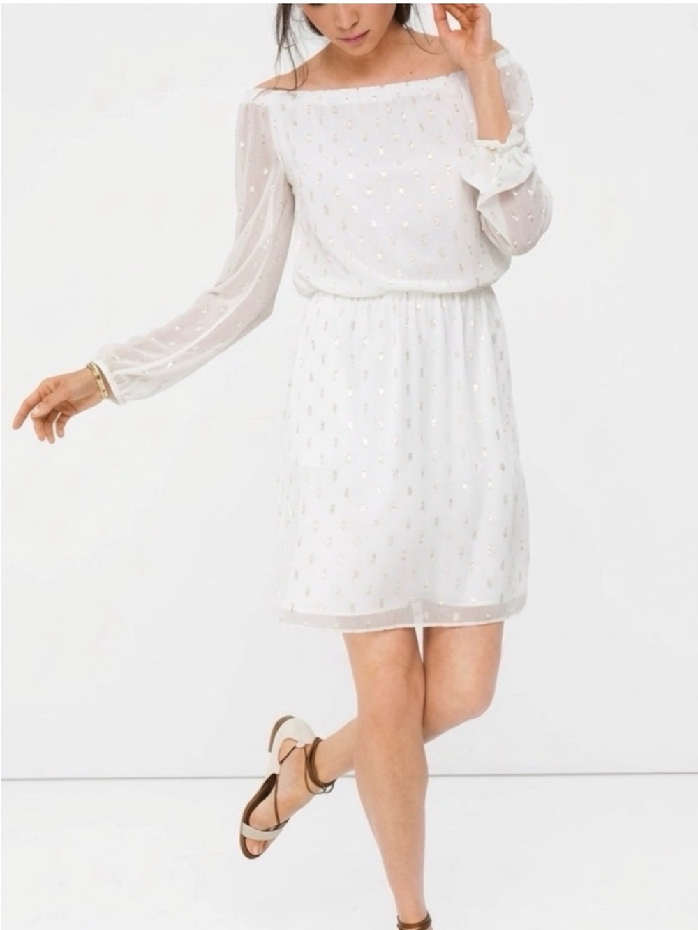 NWOT White House Black Market Off-Shoulder White Dress with Gold Detail